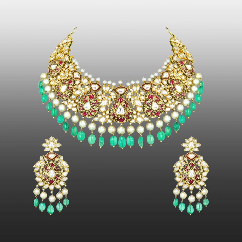 Polki Necklace Set with Red Stones, Emerald Beads, and Pearls